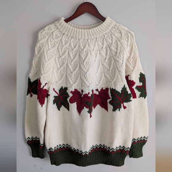 Other - Handmade Knit Sweater, Cream w Red & Green Leaves, Crewneck Pullover Sweater